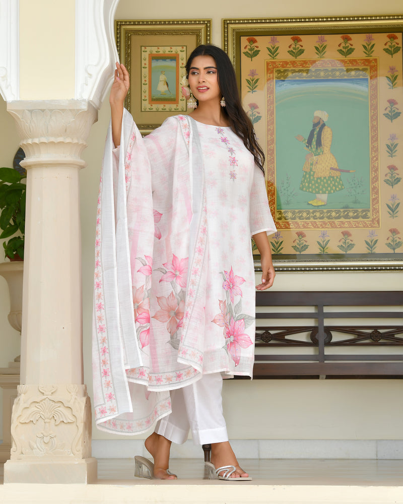 (Vaasva) Women White green linen kurta with cotton pant & dupatta (Set of 5pc)