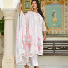 (Vaasva) Women White green linen kurta with cotton pant & dupatta (Set of 5pc)