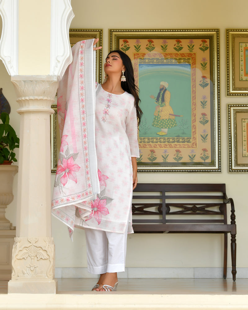 (Vaasva) Women White green linen kurta with cotton pant & dupatta (Set of 5pc)