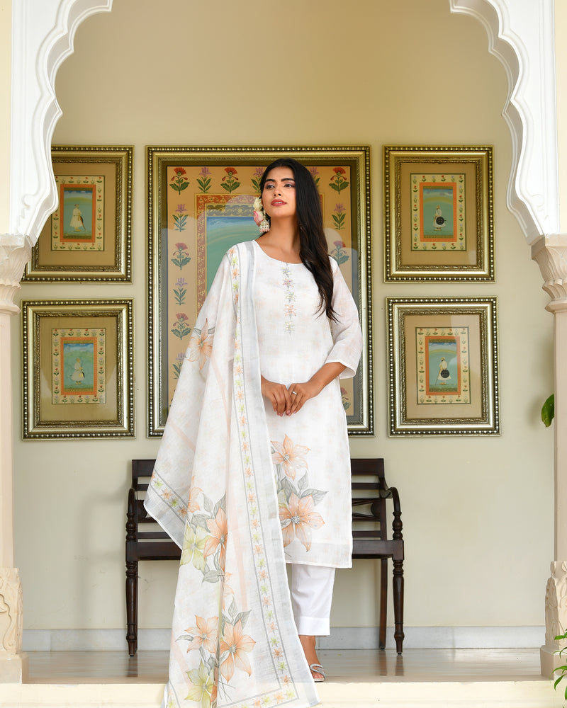 (Vaasva) Women White yellow linen kurta with cotton pant & dupatta (Set of 5pc)