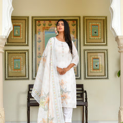 (Vaasva) Women White yellow linen kurta with cotton pant & dupatta (Set of 5pc)