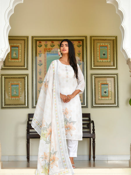 (Vaasva) Women White yellow linen kurta with cotton pant & dupatta (Set of 5pc)