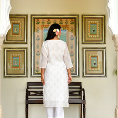 (Vaasva) Women White yellow linen kurta with cotton pant & dupatta (Set of 5pc)