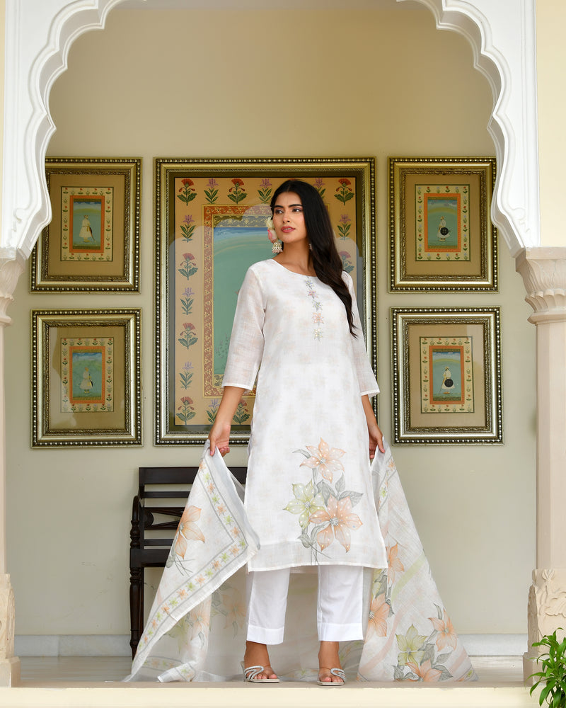 (Vaasva) Women White yellow linen kurta with cotton pant & dupatta (Set of 5pc)