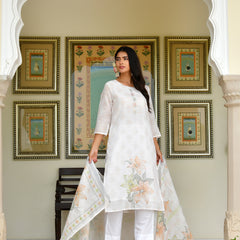 (Vaasva) Women White yellow linen kurta with cotton pant & dupatta (Set of 5pc)