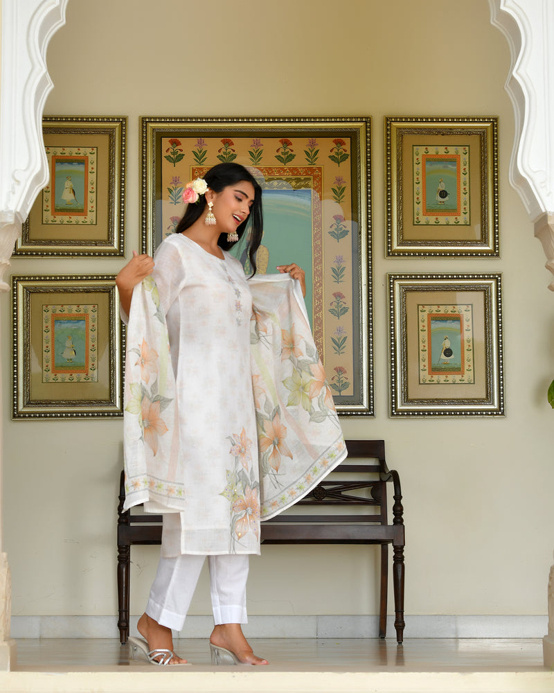 (Vaasva) Women White yellow linen kurta with cotton pant & dupatta (Set of 5pc)