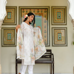 (Vaasva) Women White yellow linen kurta with cotton pant & dupatta (Set of 5pc)