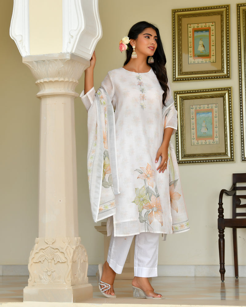 (Vaasva) Women White yellow linen kurta with cotton pant & dupatta (Set of 5pc)