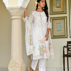 (Vaasva) Women White yellow linen kurta with cotton pant & dupatta (Set of 5pc)