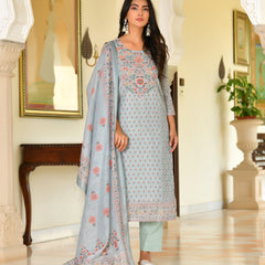(Vaasva) Women grey linen kurta with cotton pant & dupatta (Set of 5pc)