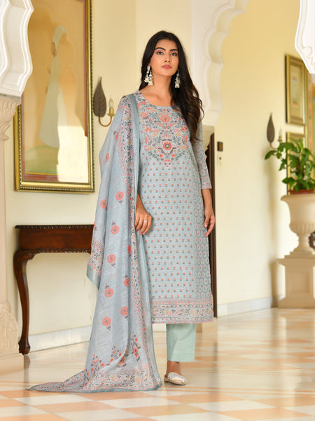 (Vaasva) Women grey linen kurta with cotton pant & dupatta (Set of 5pc)