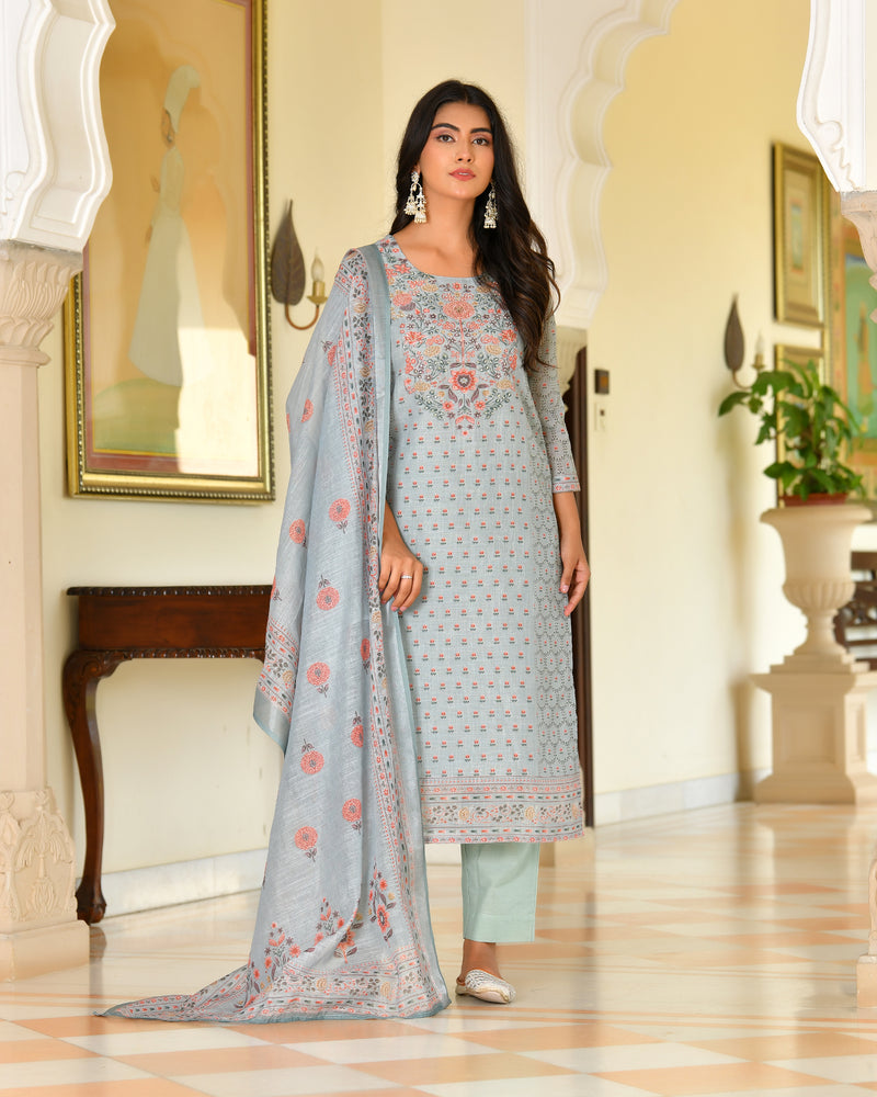 (Vaasva) Women grey linen kurta with cotton pant & dupatta (Set of 5pc)