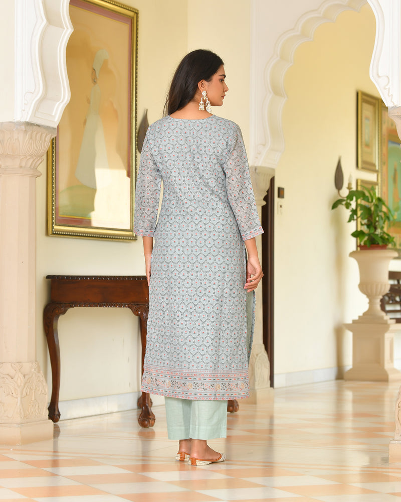 (Vaasva) Women grey linen kurta with cotton pant & dupatta (Set of 5pc)