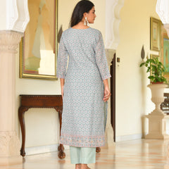 (Vaasva) Women grey linen kurta with cotton pant & dupatta (Set of 5pc)