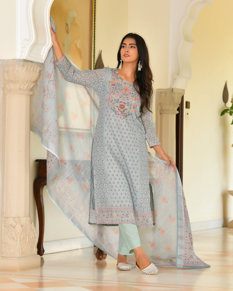 (Vaasva) Women grey linen kurta with cotton pant & dupatta (Set of 5pc)