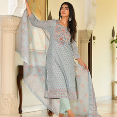 (Vaasva) Women grey linen kurta with cotton pant & dupatta (Set of 5pc)