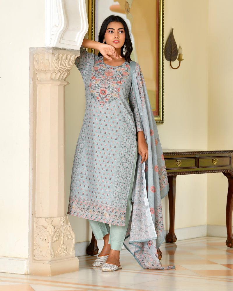 (Vaasva) Women grey linen kurta with cotton pant & dupatta (Set of 5pc)