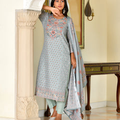 (Vaasva) Women grey linen kurta with cotton pant & dupatta (Set of 5pc)