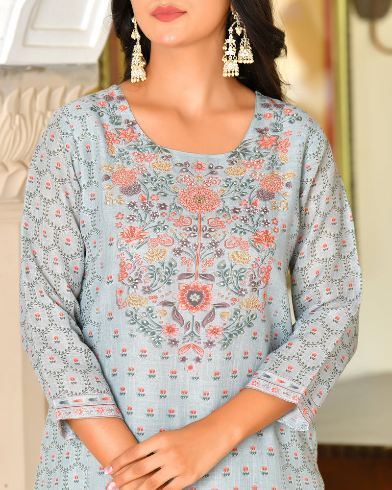 (Vaasva) Women grey linen kurta with cotton pant & dupatta (Set of 5pc)