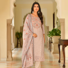 (Vaasva) Women green linen kurta with cotton pant & dupatta (Set of 5 Pc)