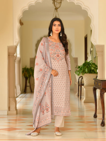 (Vaasva) Women green linen kurta with cotton pant & dupatta (Set of 5 Pc)