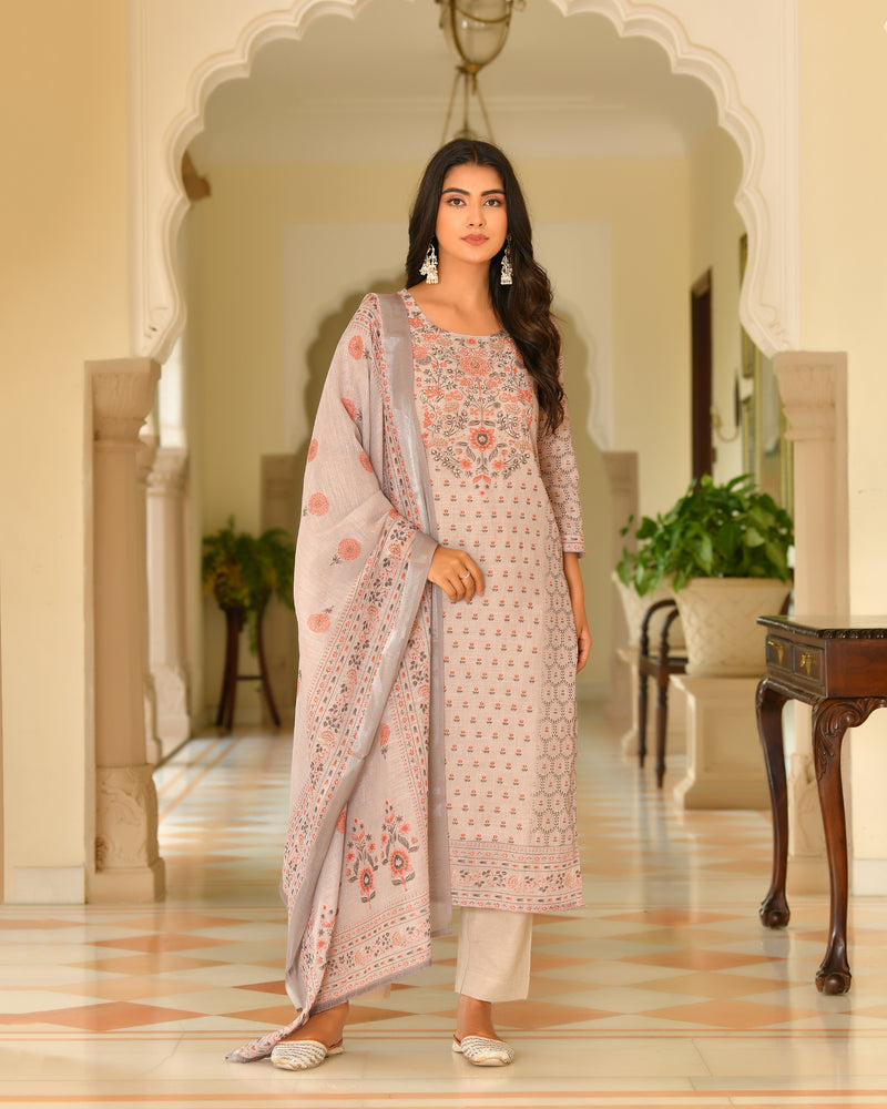 (Vaasva) Women green linen kurta with cotton pant & dupatta (Set of 5 Pc)