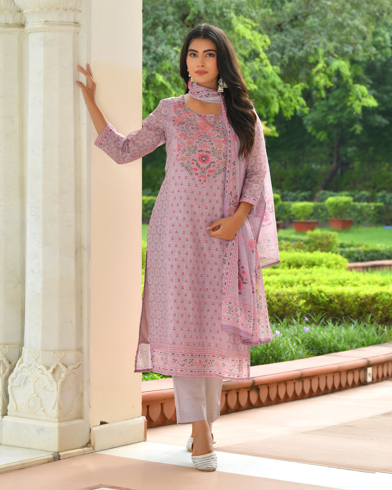 (Vaasva) Women purple linen kurta with cotton pant & dupatta (Set of 5pc)