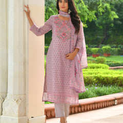 (Vaasva) Women purple linen kurta with cotton pant & dupatta (Set of 5pc)