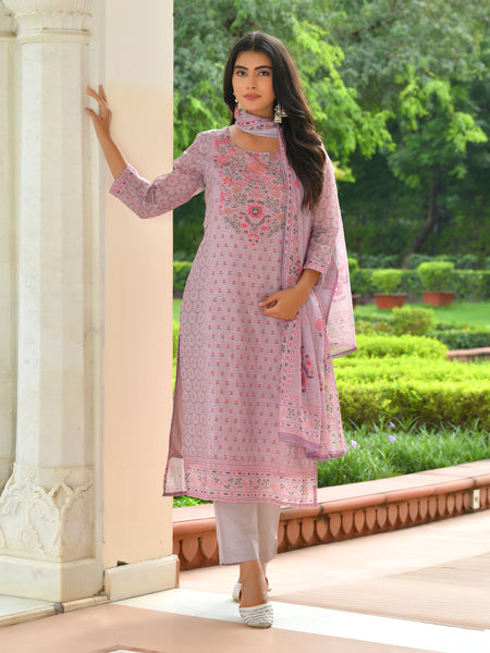 (Vaasva) Women purple linen kurta with cotton pant & dupatta (Set of 5pc)