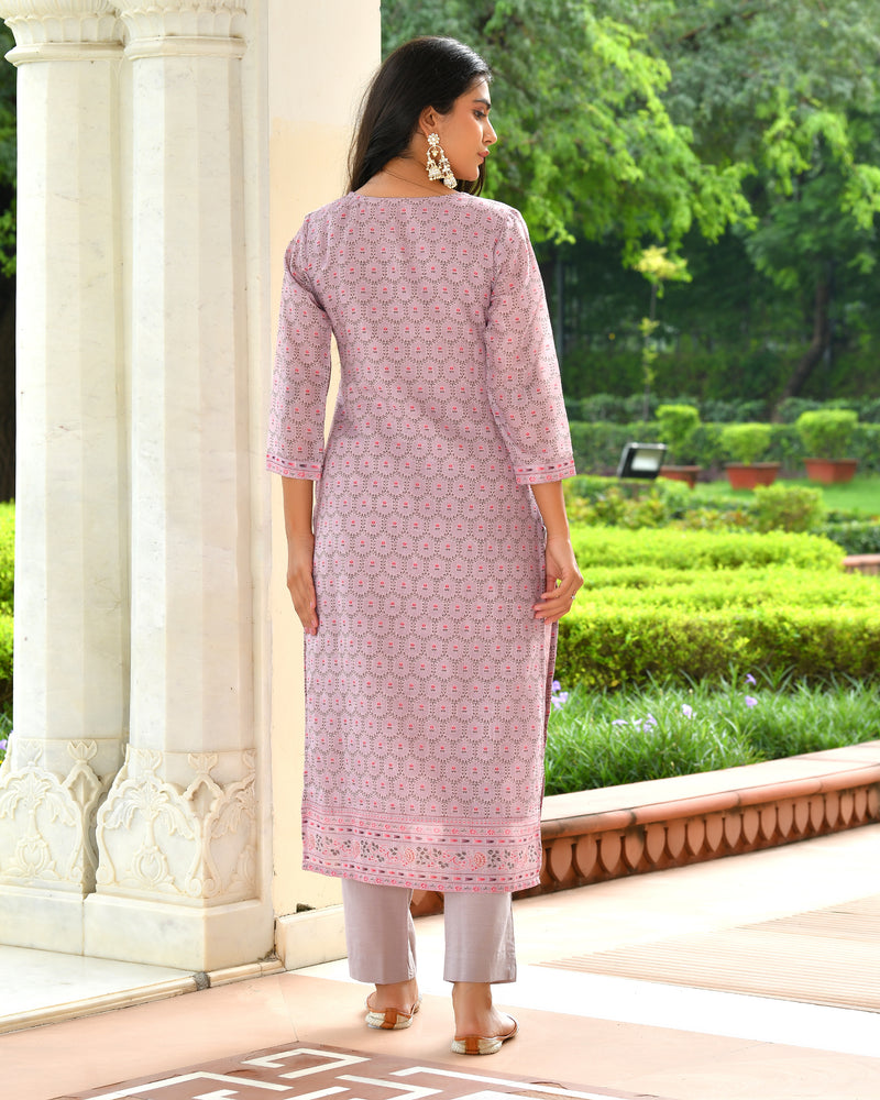 (Vaasva) Women purple linen kurta with cotton pant & dupatta (Set of 5pc)