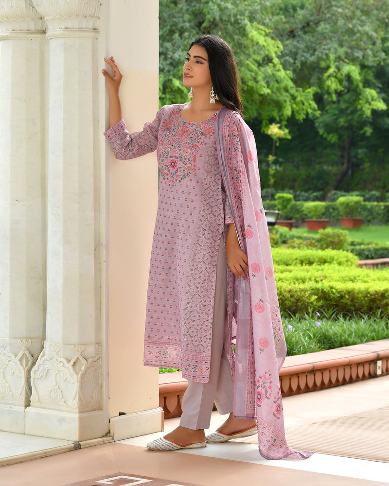 (Vaasva) Women purple linen kurta with cotton pant & dupatta (Set of 5pc)