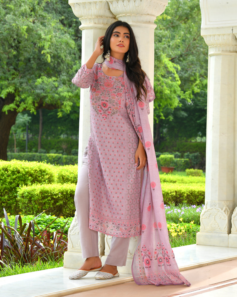 (Vaasva) Women purple linen kurta with cotton pant & dupatta (Set of 5pc)