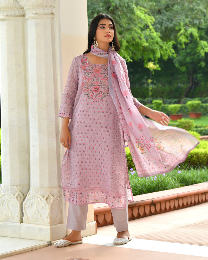 (Vaasva) Women purple linen kurta with cotton pant & dupatta (Set of 5pc)