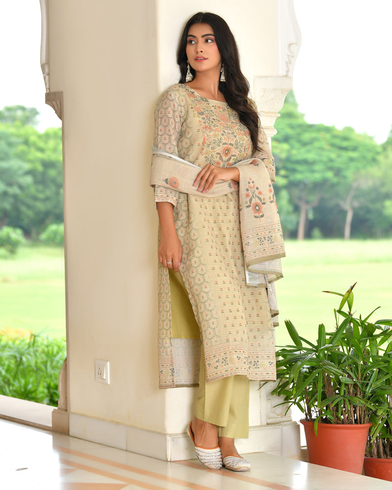 (Vaasva) Women pista linen kurta with cotton pant & dupatta (Set of 5pc)