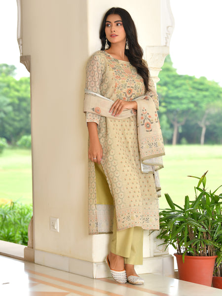 (Vaasva) Women pista linen kurta with cotton pant & dupatta (Set of 5pc)