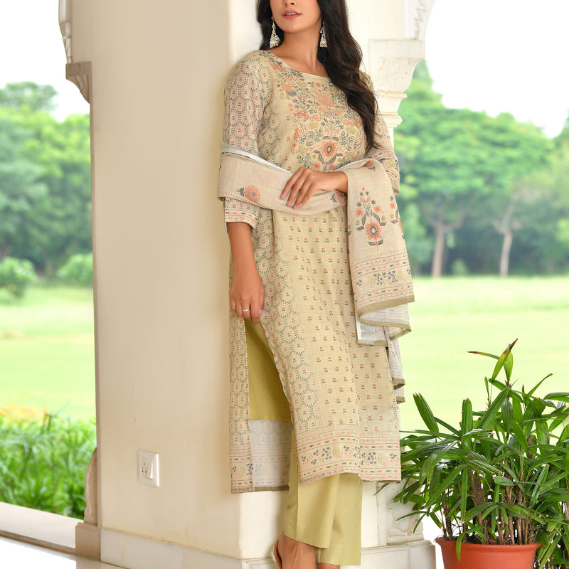 (Vaasva) Women pista linen kurta with cotton pant & dupatta (Set of 5pc)