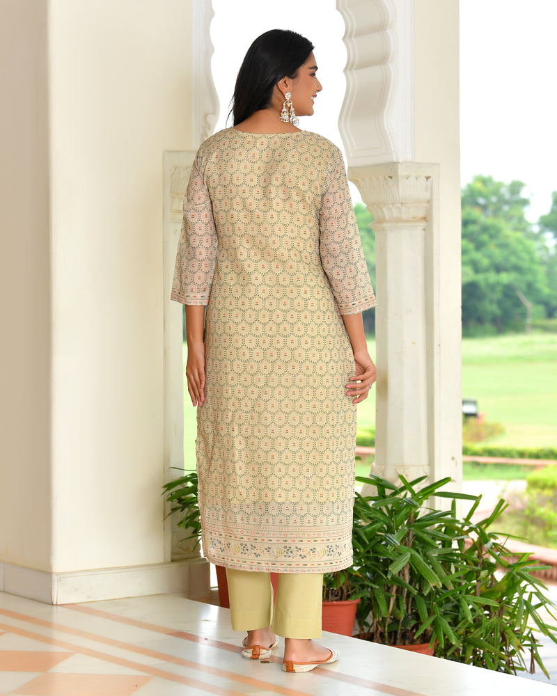 (Vaasva) Women pista linen kurta with cotton pant & dupatta (Set of 5pc)