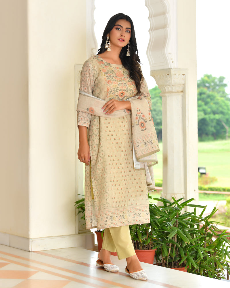 (Vaasva) Women pista linen kurta with cotton pant & dupatta (Set of 5pc)