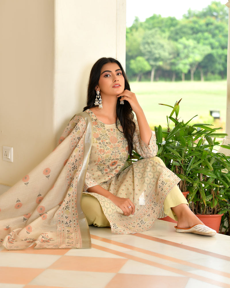 (Vaasva) Women pista linen kurta with cotton pant & dupatta (Set of 5pc)