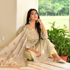 (Vaasva) Women pista linen kurta with cotton pant & dupatta (Set of 5pc)