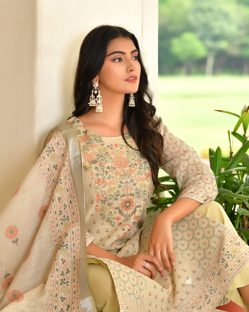 (Vaasva) Women pista linen kurta with cotton pant & dupatta (Set of 5pc)