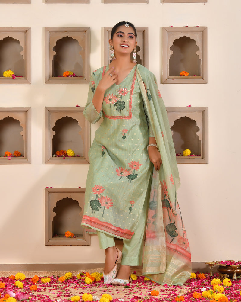 (Vaasva) Women Lemon chanderi kurta with cotton pant & dupatta (Set of 5pc)