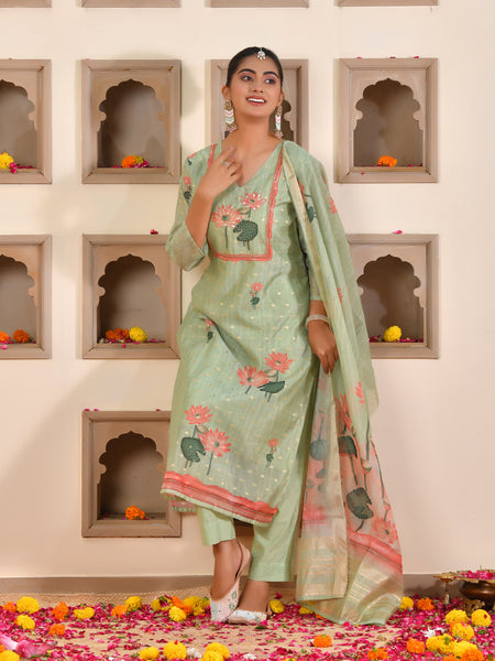 (Vaasva) Women Lemon chanderi kurta with cotton pant & dupatta (Set of 5pc)