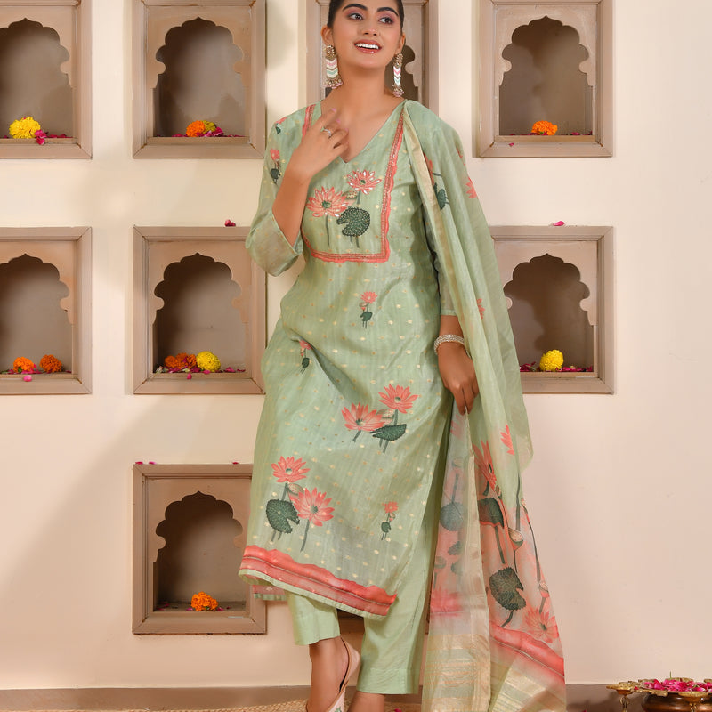 (Vaasva) Women Lemon chanderi kurta with cotton pant & dupatta (Set of 5pc)