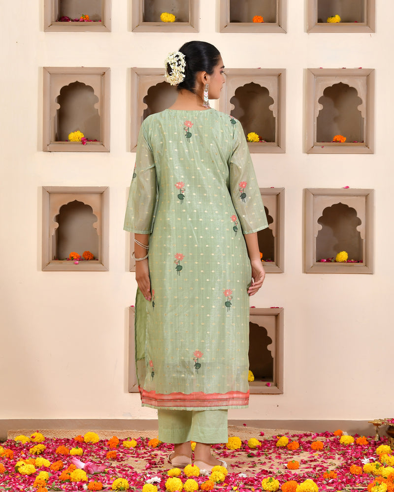 (Vaasva) Women Lemon chanderi kurta with cotton pant & dupatta (Set of 5pc)
