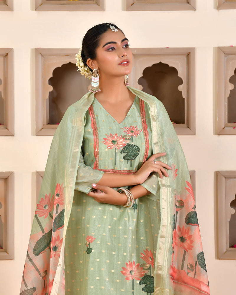 (Vaasva) Women Lemon chanderi kurta with cotton pant & dupatta (Set of 5pc)