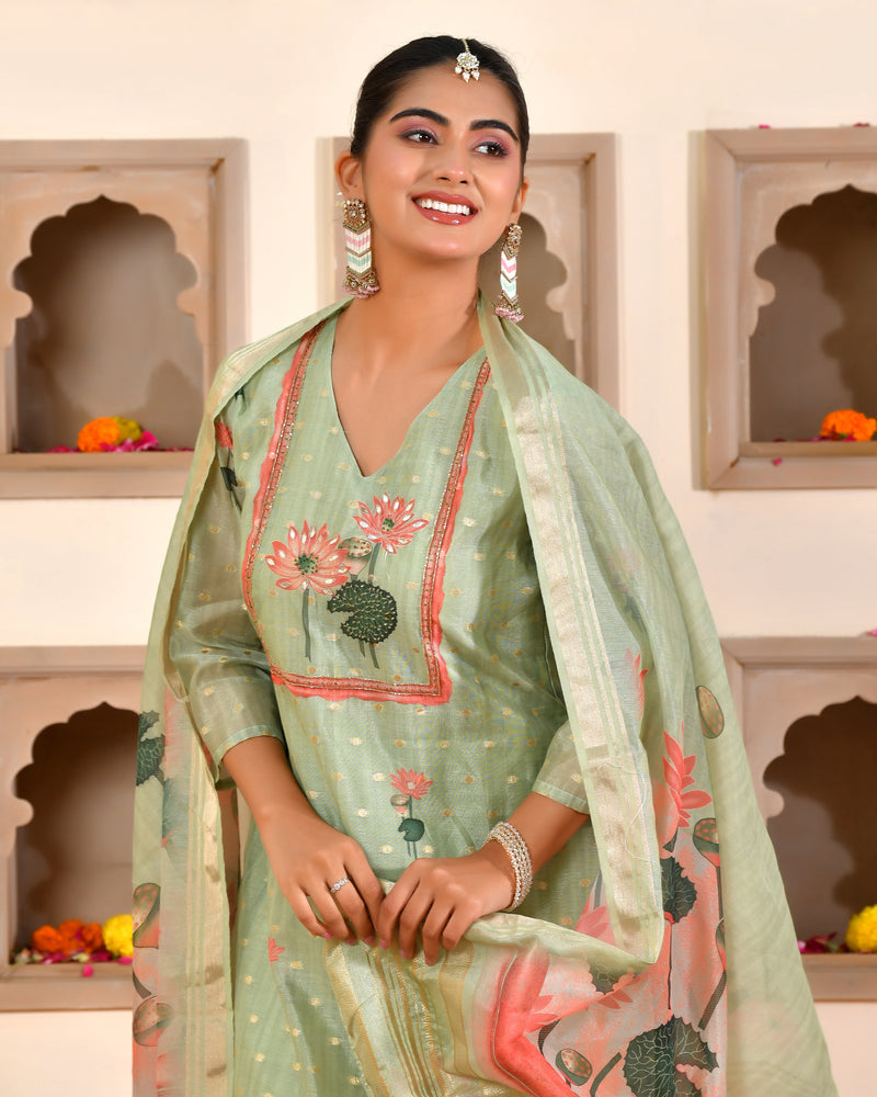 (Vaasva) Women Lemon chanderi kurta with cotton pant & dupatta (Set of 5pc)