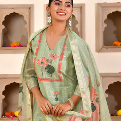 (Vaasva) Women Lemon chanderi kurta with cotton pant & dupatta (Set of 5pc)