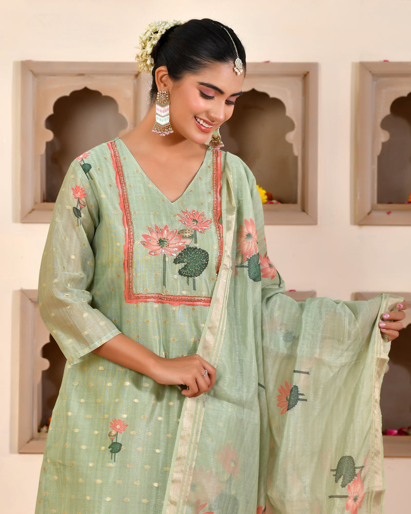 (Vaasva) Women Lemon chanderi kurta with cotton pant & dupatta (Set of 5pc)