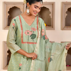 (Vaasva) Women Lemon chanderi kurta with cotton pant & dupatta (Set of 5pc)